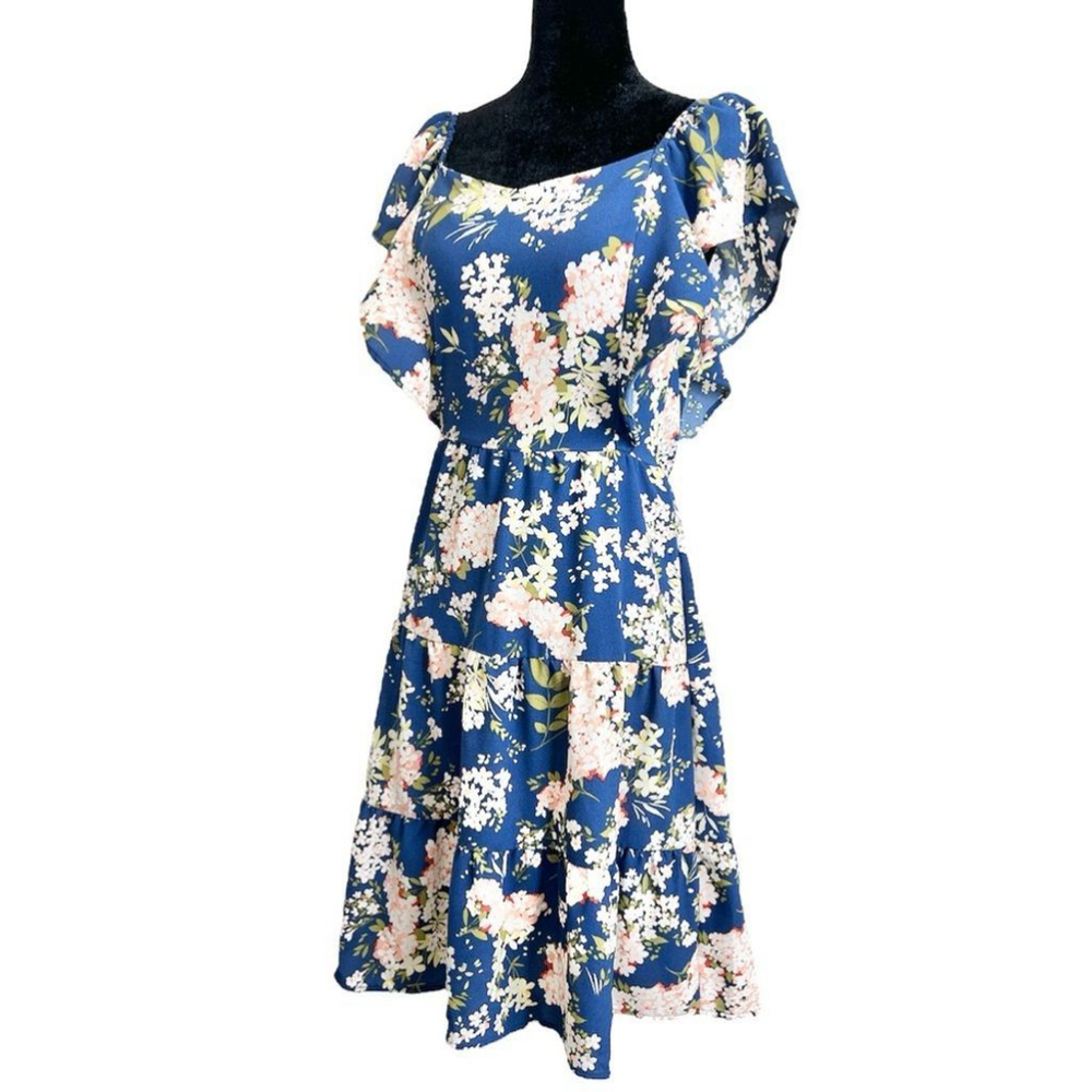 Monteau blue floral tiered dress S